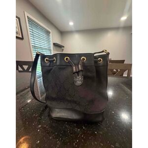Gucci Bucket Bag Women Small Black Monogram GG Canvas Drawstring Vintage Classic